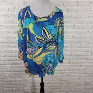 Chicos Womens Top 3 Standard XL 3/4 Sleeve Blue Floral Casual FLO221E